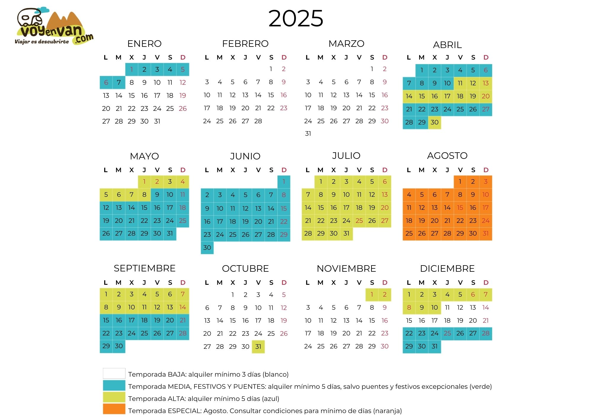 Calendario 2025 A4 alquiler Voyenvan